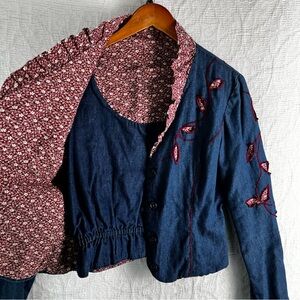 Vintage Homemade Reversible Calico Denim Jacket Top Set Western Womens XS Ruffle